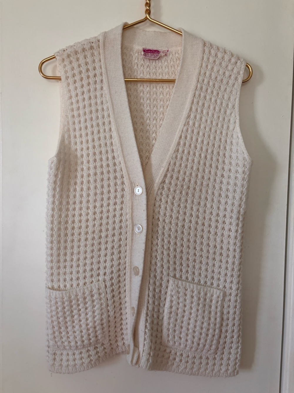 Vintage Cream Knit Button-Front Sleeveless Sweater Vest